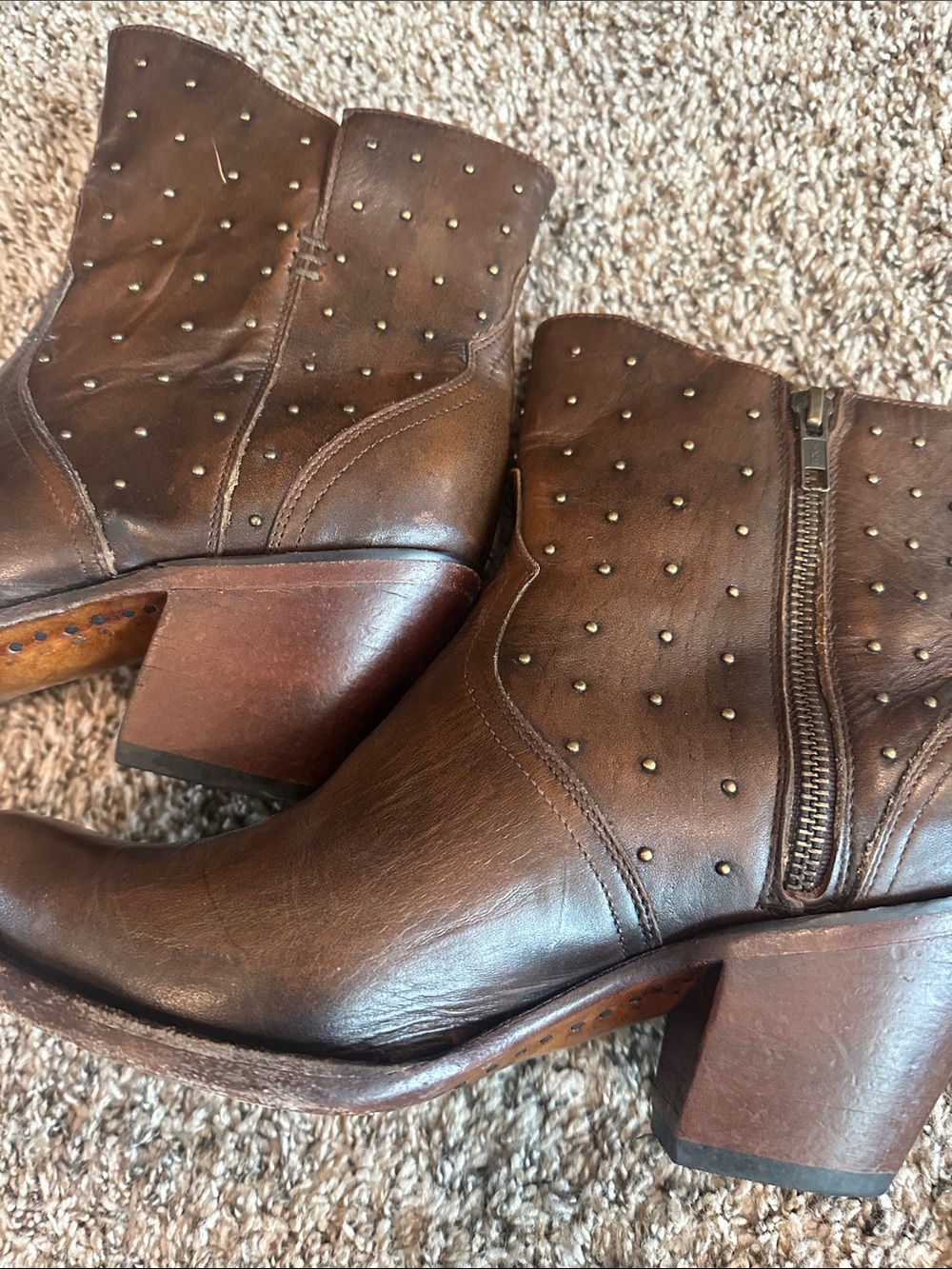 Lucchese Brown Studded Leather Western Ankle Booties - Picture 8 of 16
